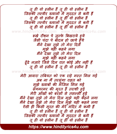 lyrics of song Tu Hi Woh Hasin Hai, Jiski Tasvir Khayalo Me