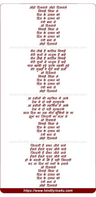 lyrics of song O Dilwale Nigahe Milaa Le Dil Ke Daman Ko