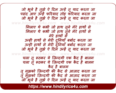 lyrics of song Jo Bhule Hai Tujhe Ae Dil Unhe Tu Yaad Karta Ja